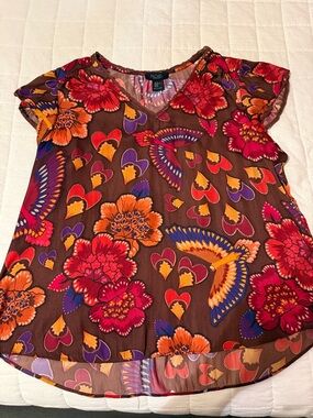 RACHEL Rachel Roy Brown Floral Heart-Print V-Neck Blouse